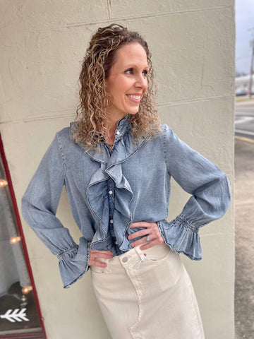 The Tracey Denim Ruffle Top