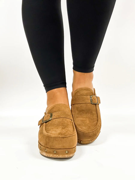 Corkys Tobacco Faux Suede Clogs