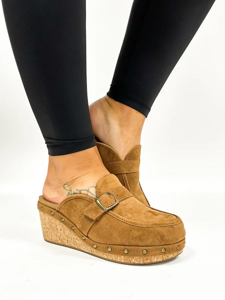 Corkys Tobacco Faux Suede Clogs