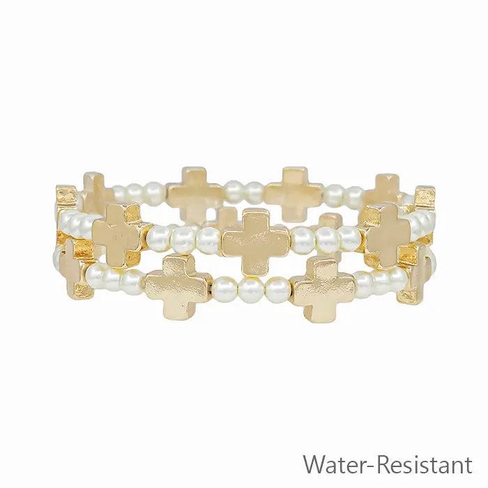 Pearl Beaded Bracelet with Gold Crosses