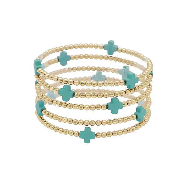 Gold Beaded Bracelet with Turquoise Cross