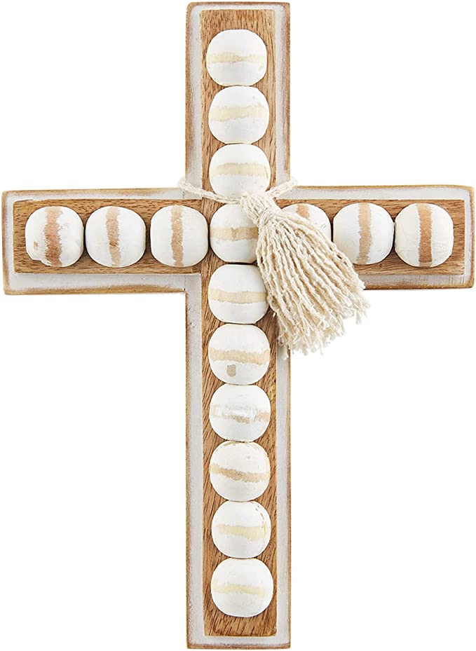 MUD PIE MEDIUM WHITE WOOD BEAD CROSS